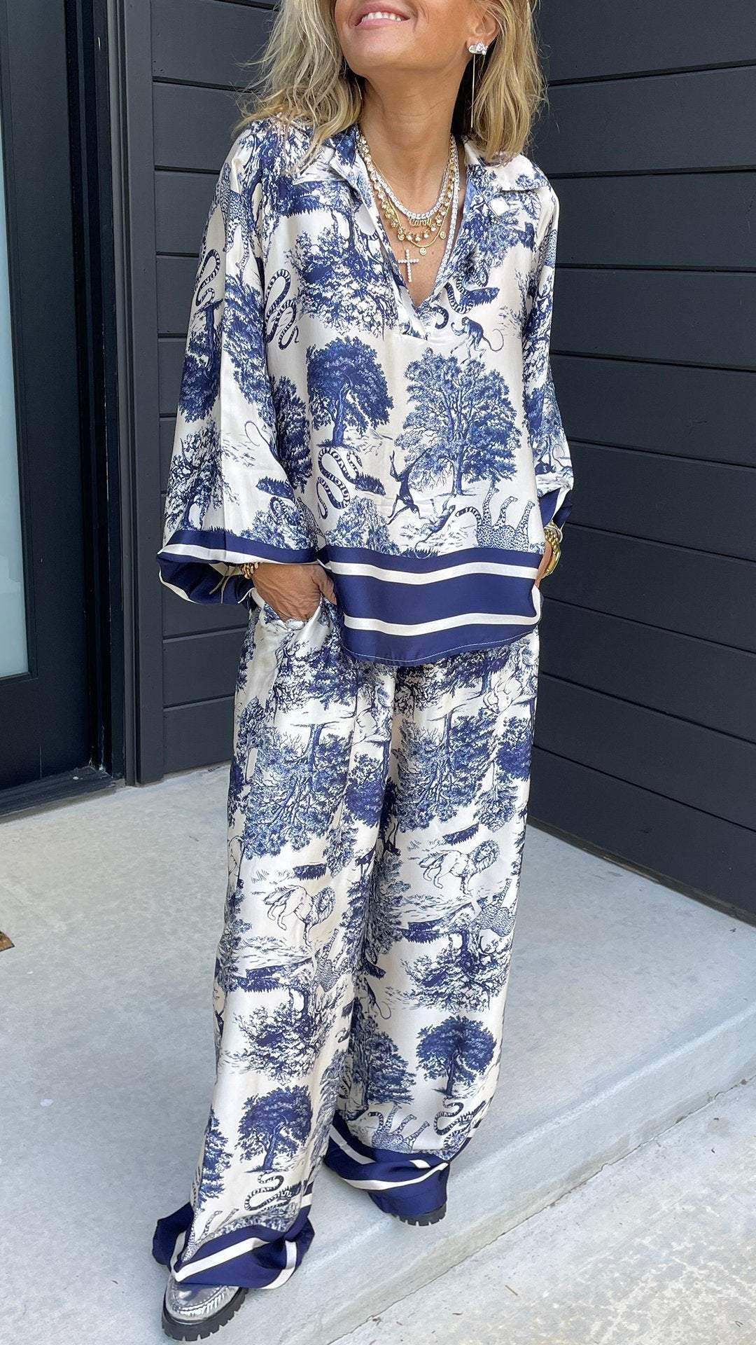 Conjunto Casual de Manga Larga Estampado con Escote en V