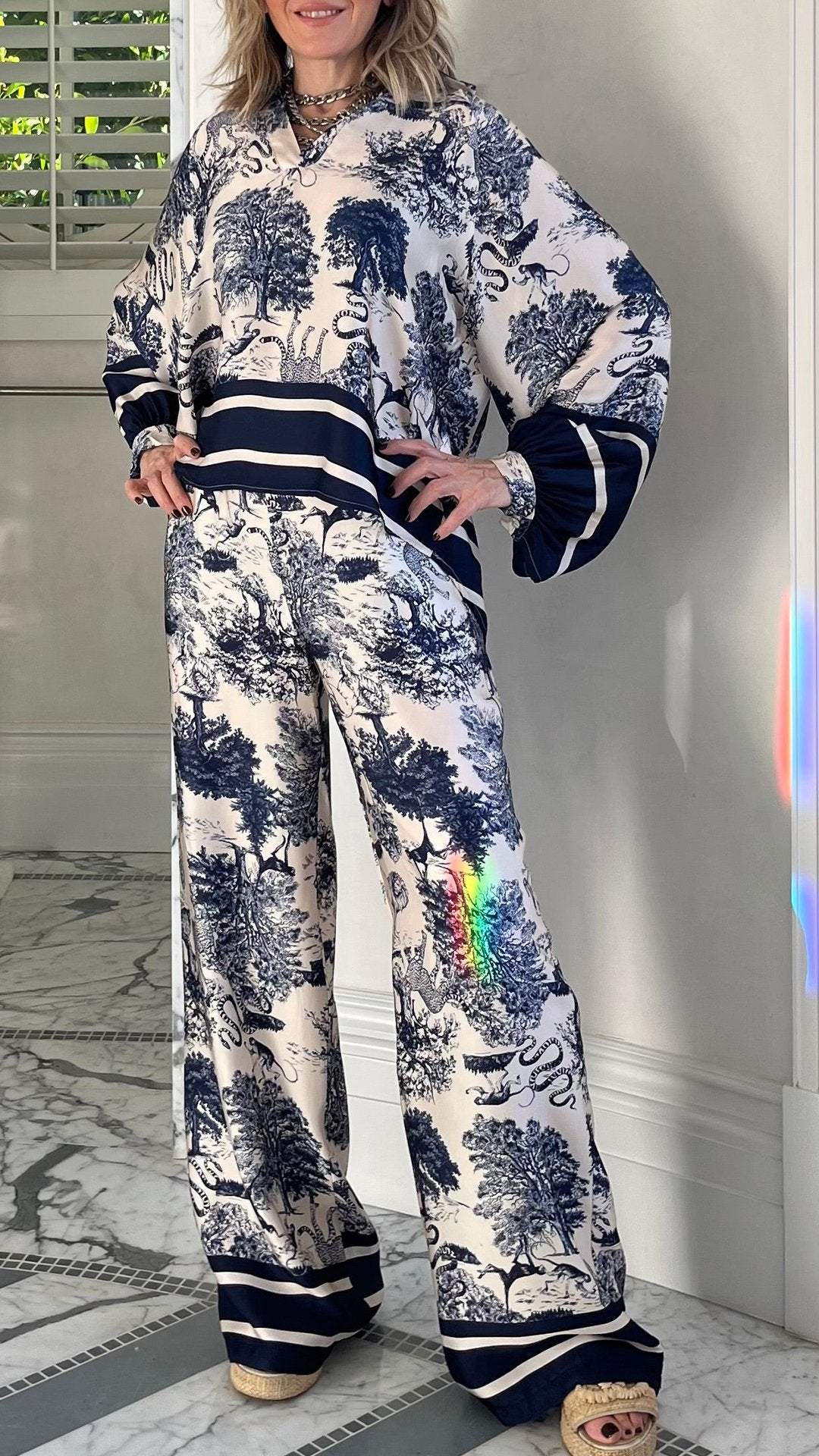 Conjunto Casual de Manga Larga Estampado con Escote en V