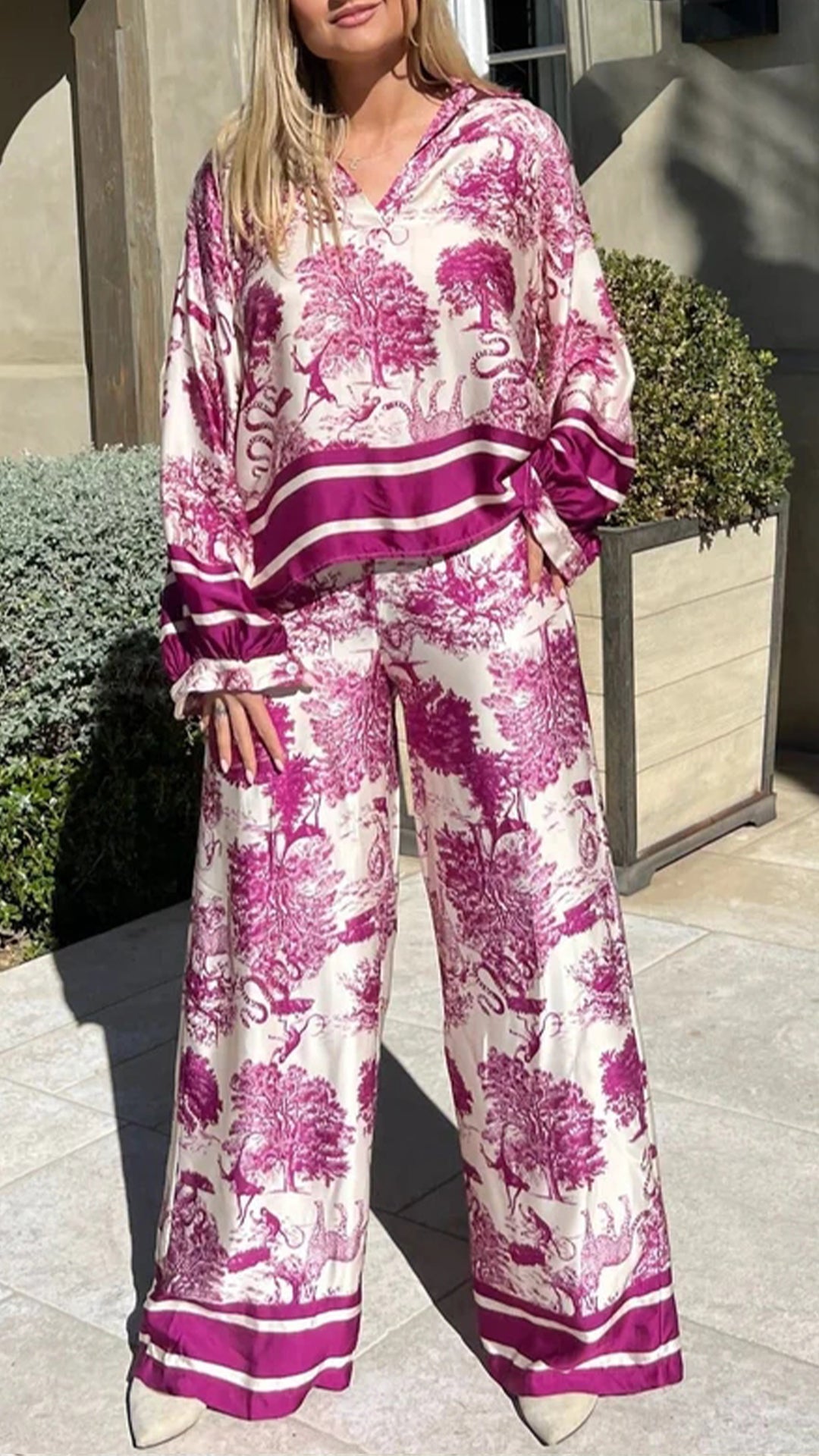 Conjunto Casual de Manga Larga Estampado con Escote en V