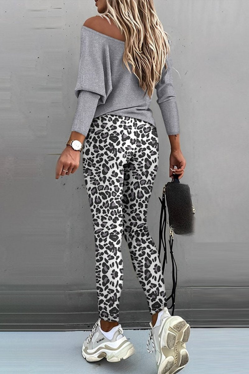 Conjunto Casual de Blusa de Manga Larga y Pantalones con Estampado de Leopardo