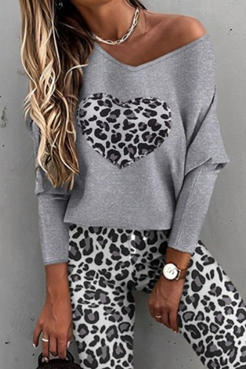 Conjunto Casual de Blusa de Manga Larga y Pantalones con Estampado de Leopardo
