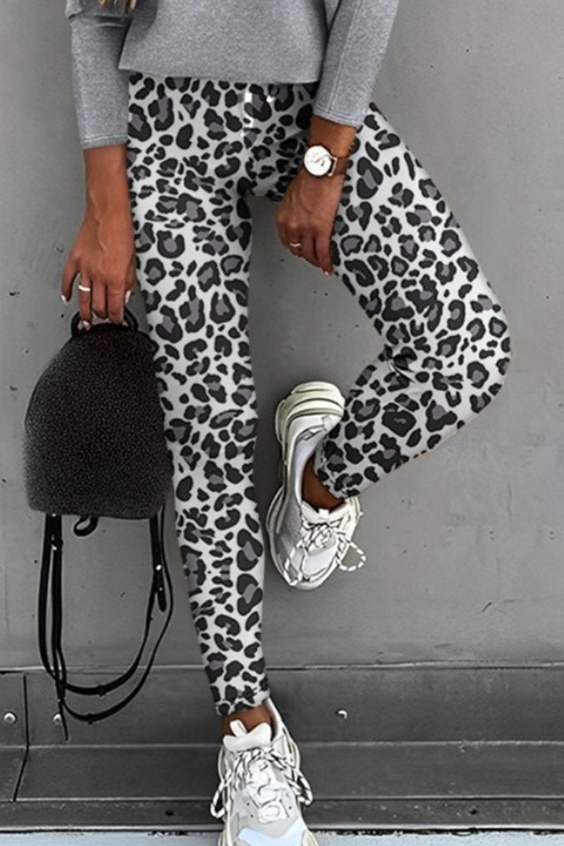 Conjunto Casual de Blusa de Manga Larga y Pantalones con Estampado de Leopardo