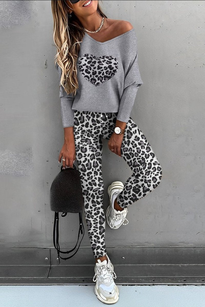 Conjunto Casual de Blusa de Manga Larga y Pantalones con Estampado de Leopardo