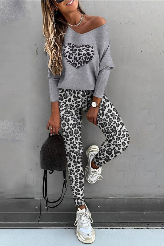Conjunto Casual de Blusa de Manga Larga y Pantalones con Estampado de Leopardo