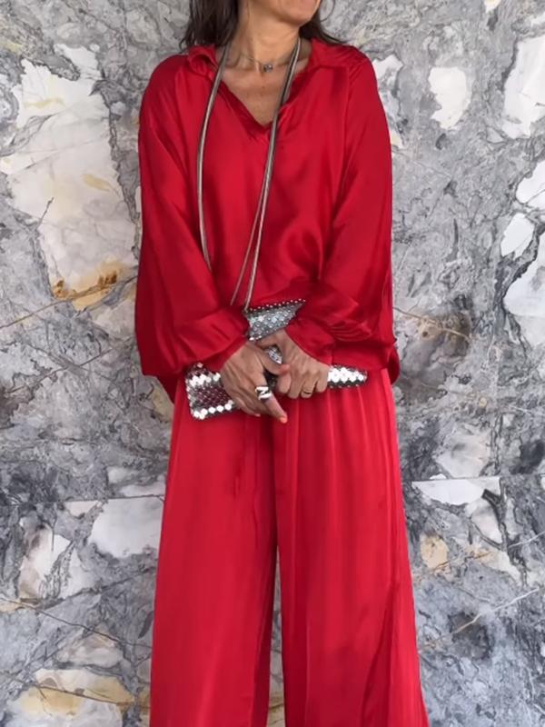 Conjunto de Pantalones de Satén con Escote en V