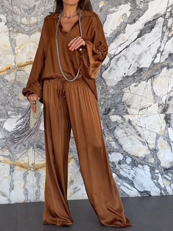 Conjunto de Pantalones de Satén con Escote en V