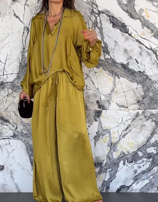 Conjunto de Pantalones de Satén con Escote en V