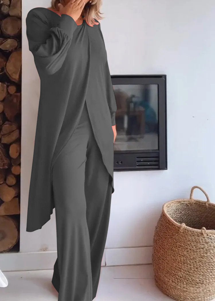 Conjunto de Cárdigan Largo con Cuello Redondo y Pantalones