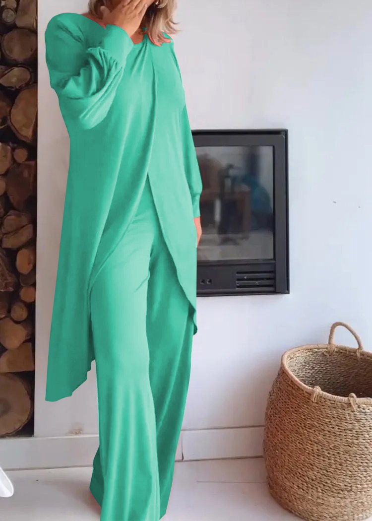 Conjunto de Cárdigan Largo con Cuello Redondo y Pantalones