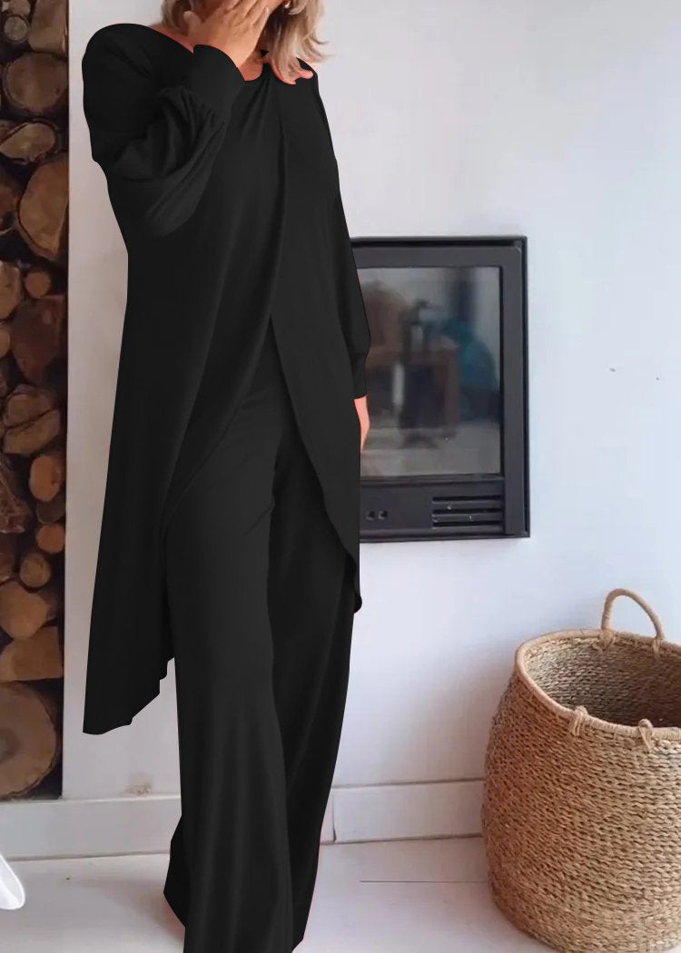 Conjunto de Cárdigan Largo con Cuello Redondo y Pantalones