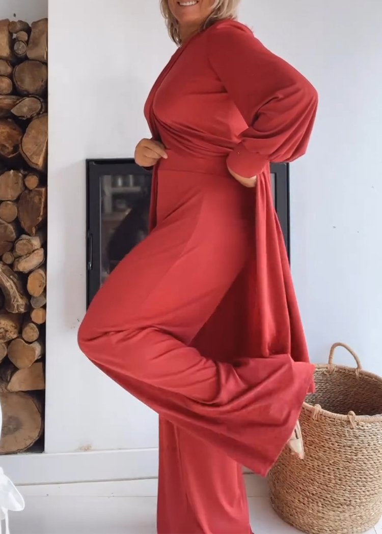 Conjunto de Cárdigan Largo con Cuello Redondo y Pantalones