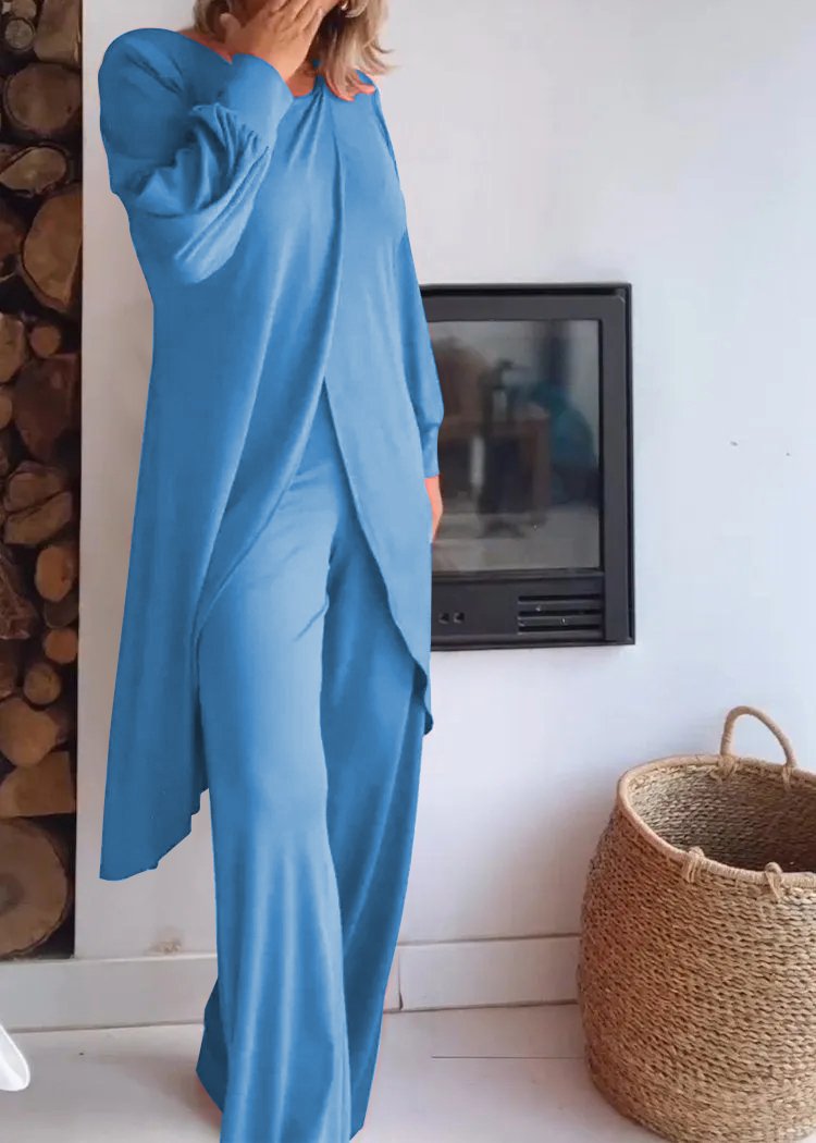 Conjunto de Cárdigan Largo con Cuello Redondo y Pantalones
