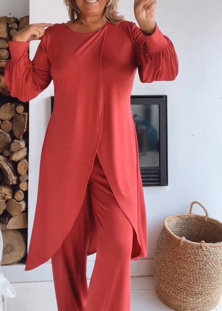 Conjunto de Cárdigan Largo con Cuello Redondo y Pantalones