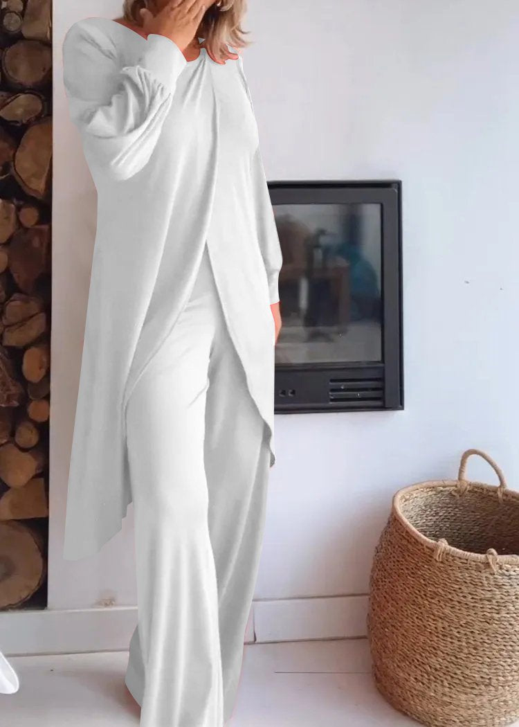 Conjunto de Cárdigan Largo con Cuello Redondo y Pantalones