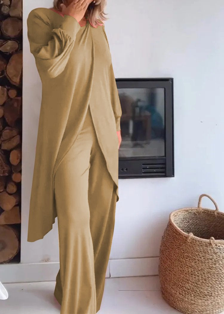 Conjunto de Cárdigan Largo con Cuello Redondo y Pantalones