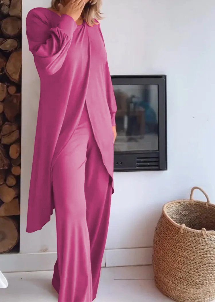 Conjunto de Cárdigan Largo con Cuello Redondo y Pantalones