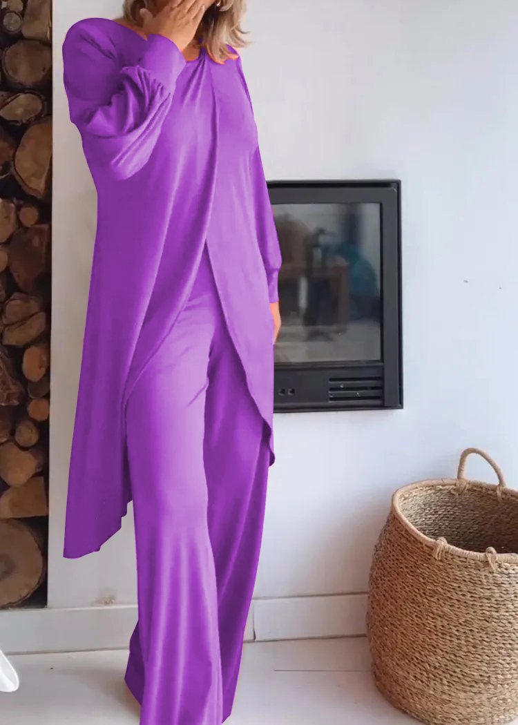 Conjunto de Cárdigan Largo con Cuello Redondo y Pantalones