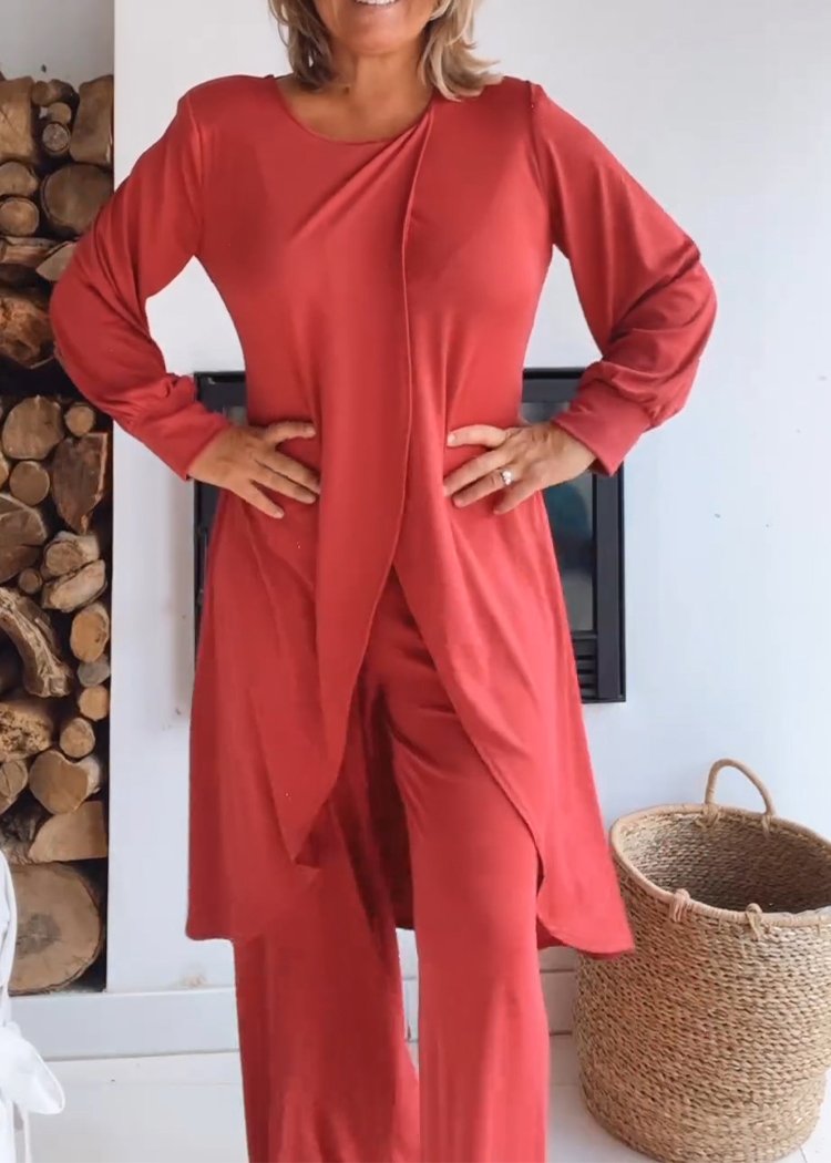 Conjunto de Cárdigan Largo con Cuello Redondo y Pantalones