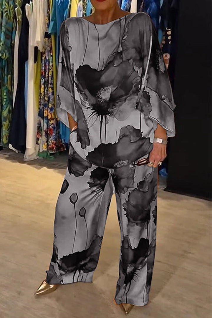 Conjunto de Satén Estampado con Cuello Redondo Casual
