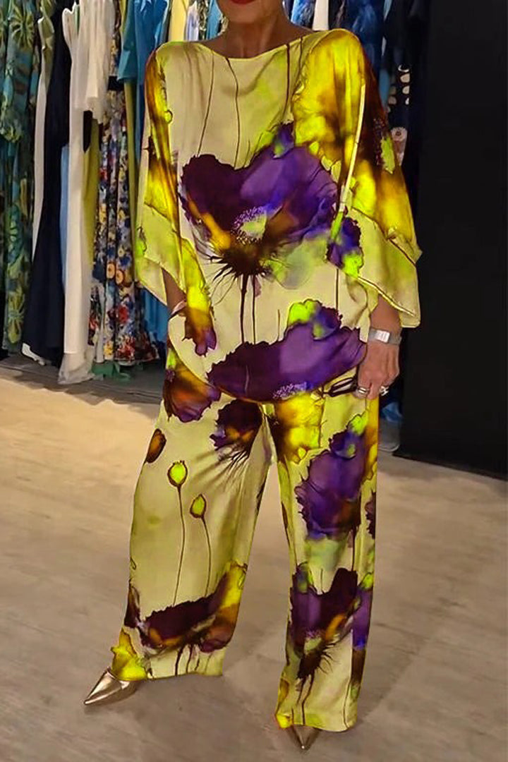 Conjunto de Satén Estampado con Cuello Redondo Casual
