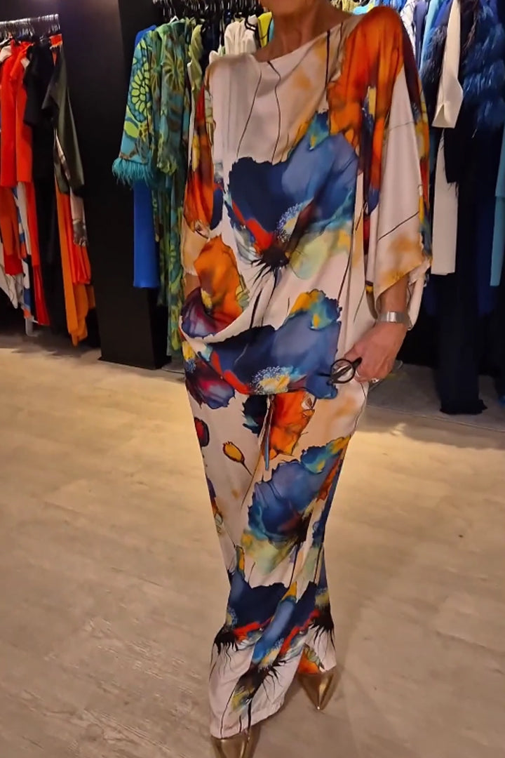 Conjunto de Satén Estampado con Cuello Redondo Casual