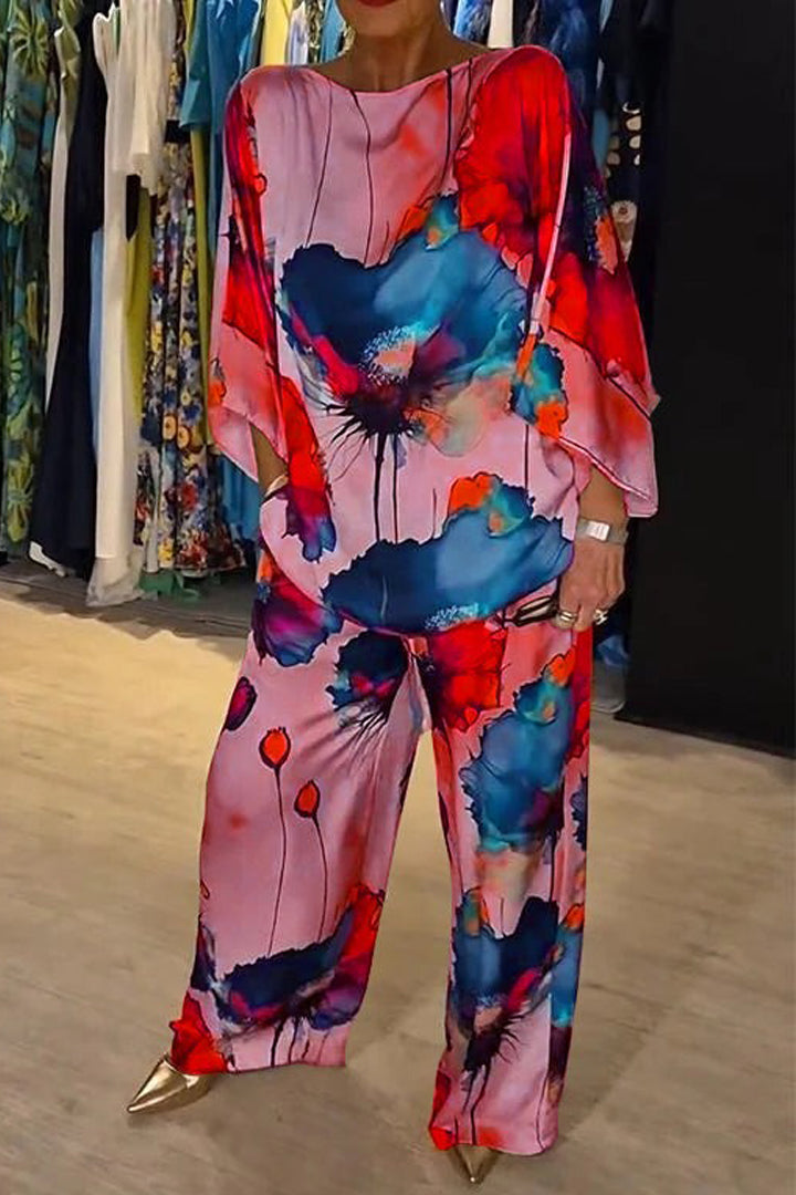 Conjunto de Satén Estampado con Cuello Redondo Casual