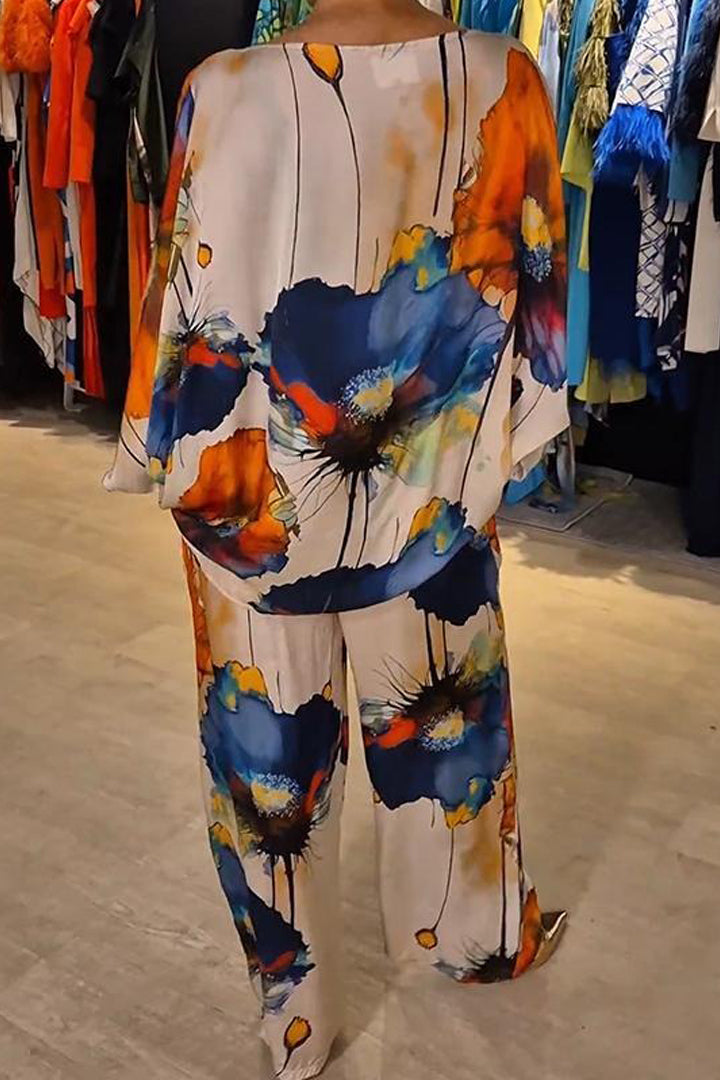 Conjunto de Satén Estampado con Cuello Redondo Casual