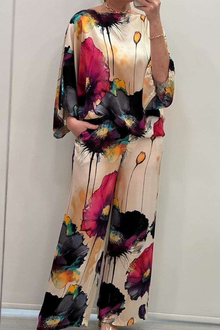 Conjunto de Satén Estampado con Cuello Redondo Casual