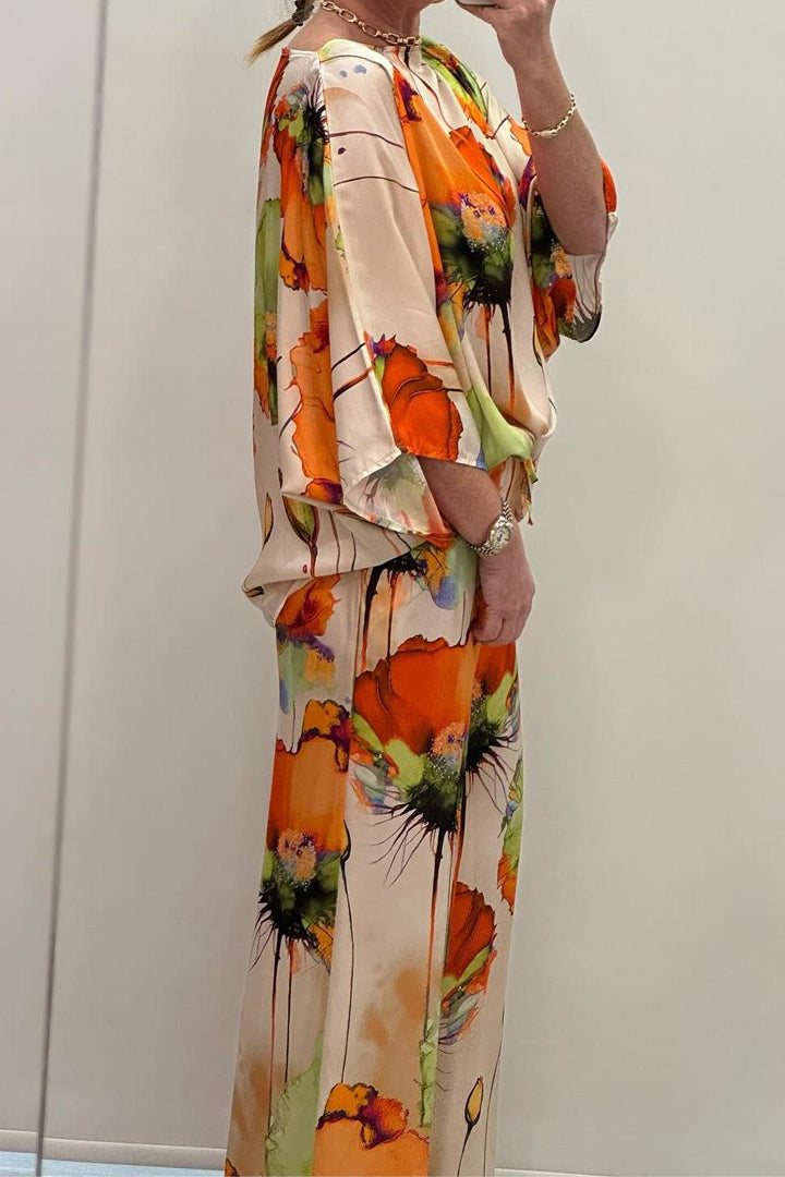 Conjunto de Satén Estampado con Cuello Redondo Casual