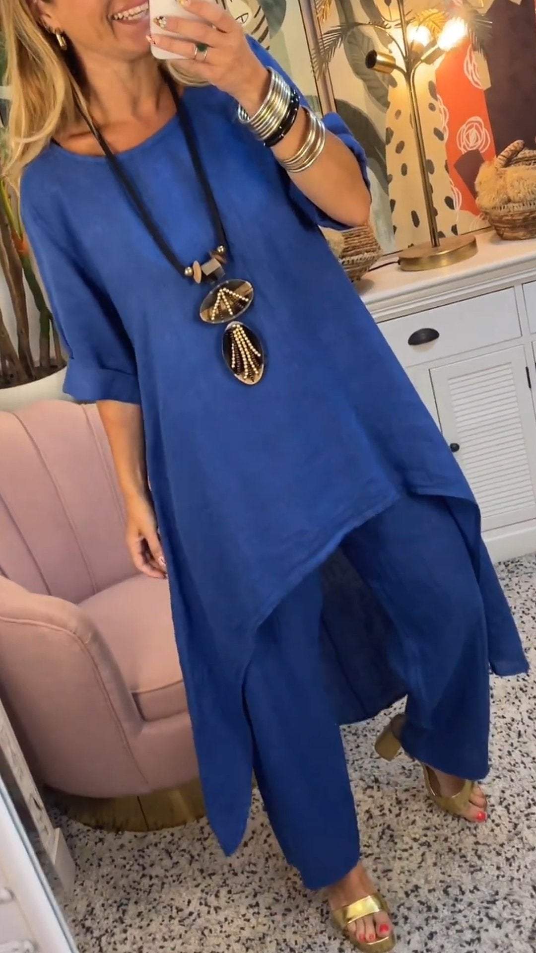 Conjunto de Dos Piezas de Algodón y Lino con Cuello Redondo y Manga Larga