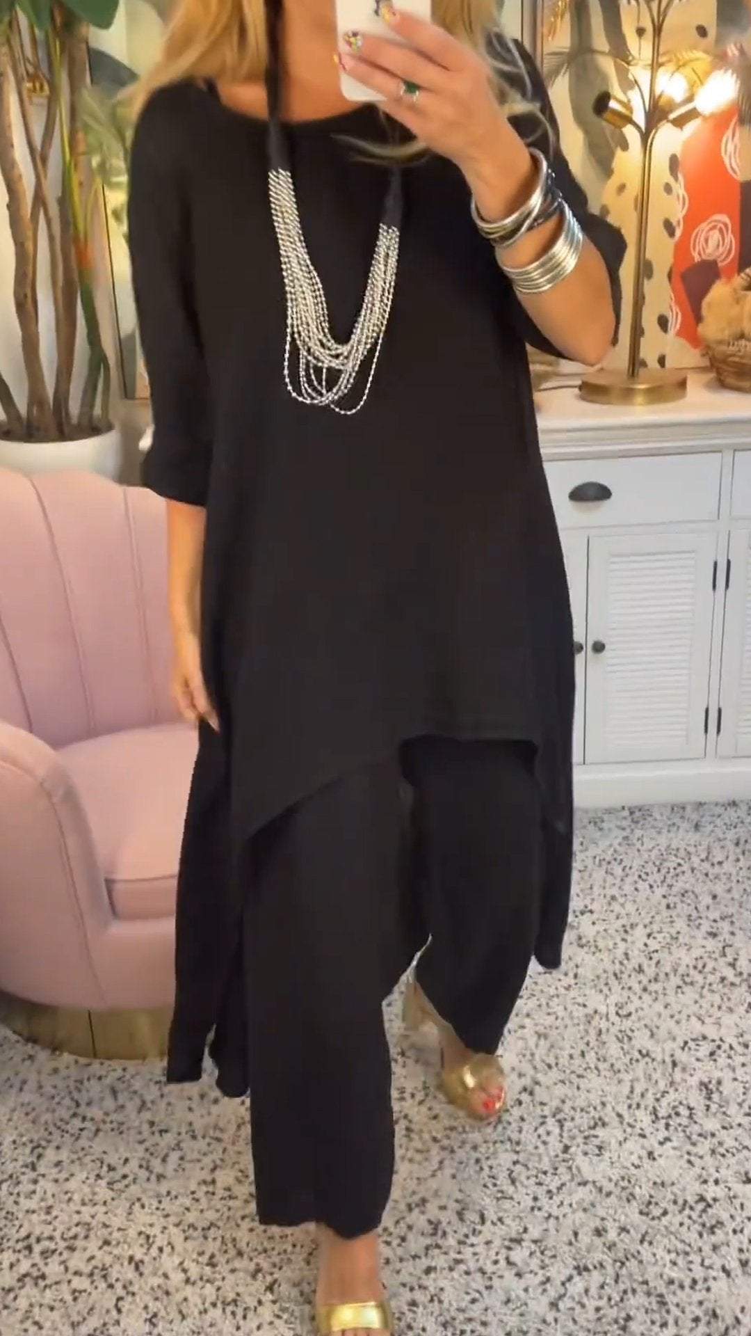 Conjunto de Dos Piezas de Algodón y Lino con Cuello Redondo y Manga Larga