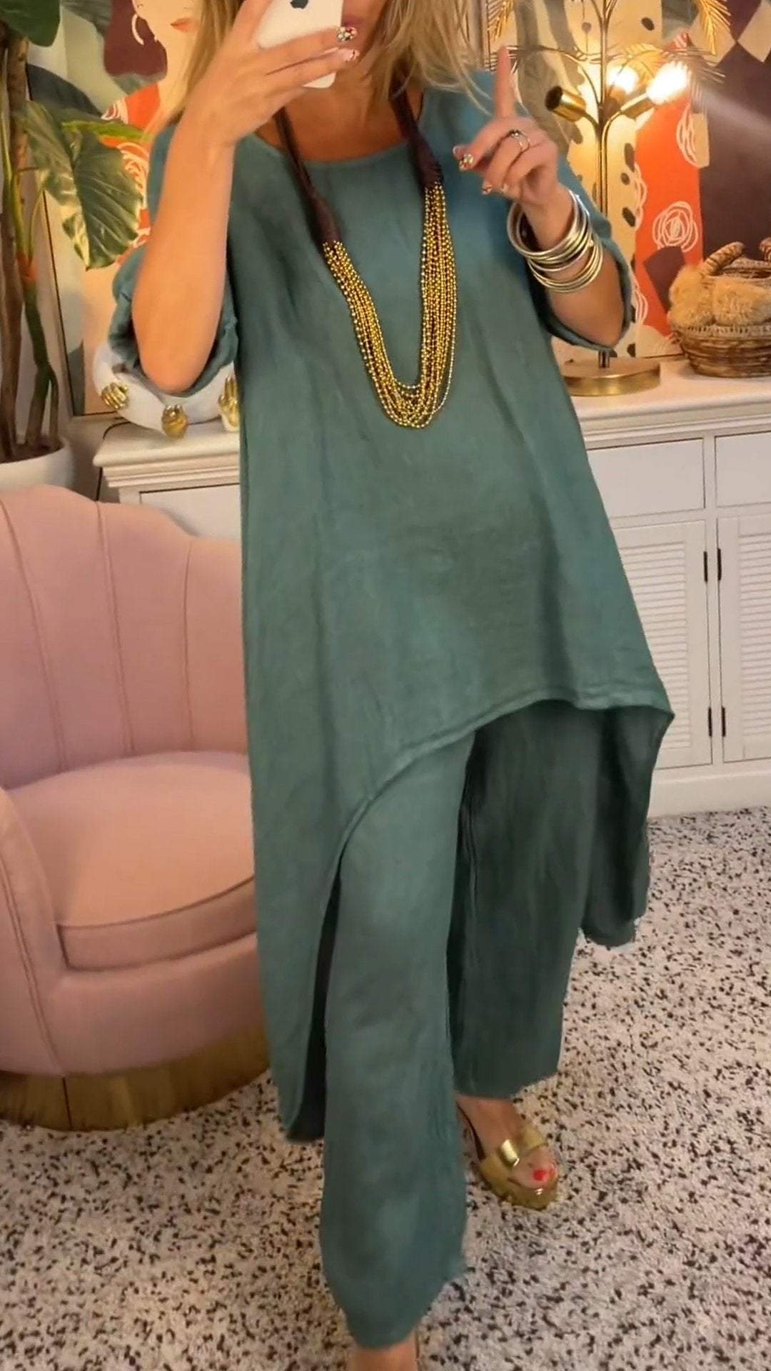 Conjunto de Dos Piezas de Algodón y Lino con Cuello Redondo y Manga Larga