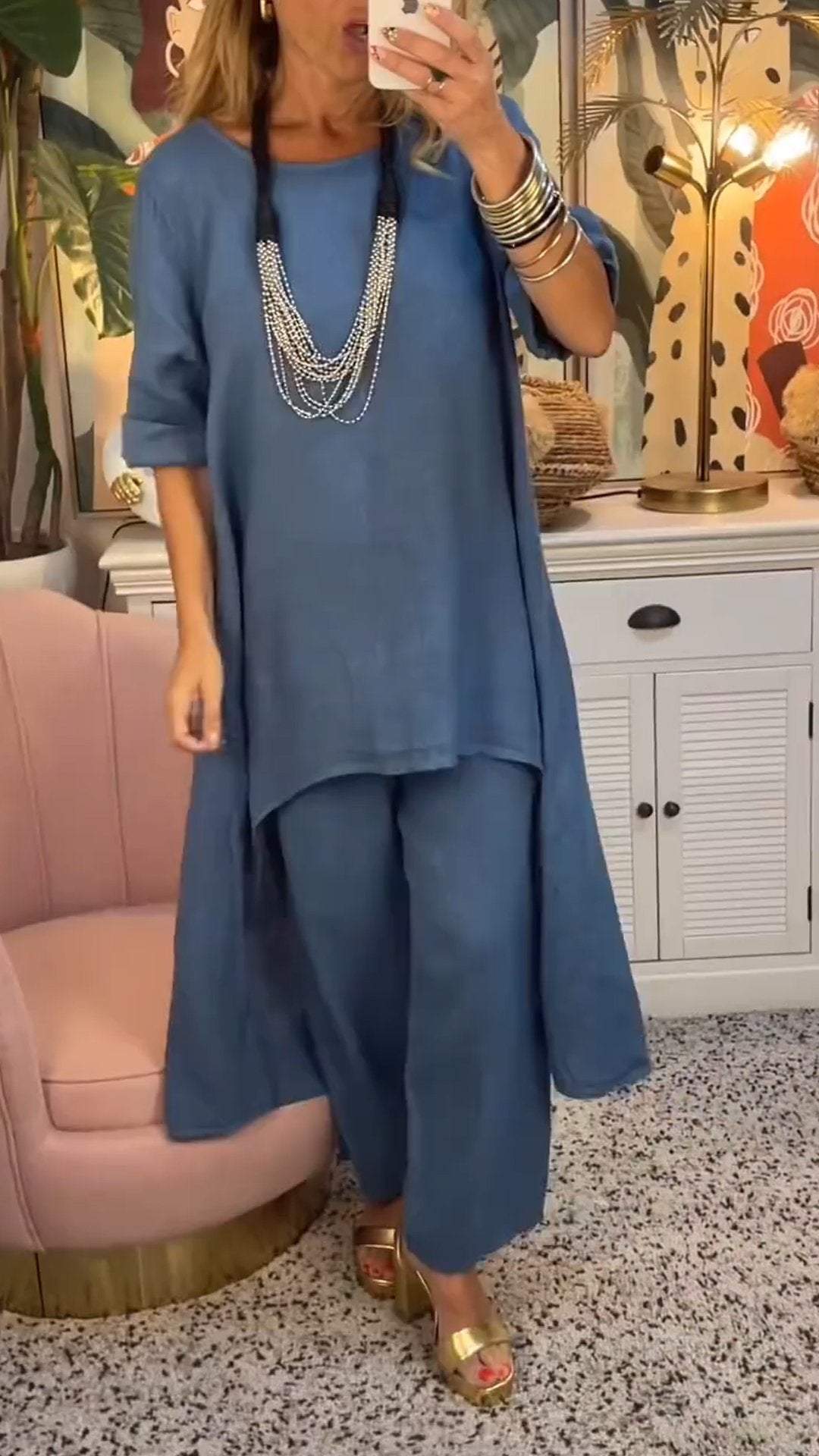 Conjunto de Dos Piezas de Algodón y Lino con Cuello Redondo y Manga Larga