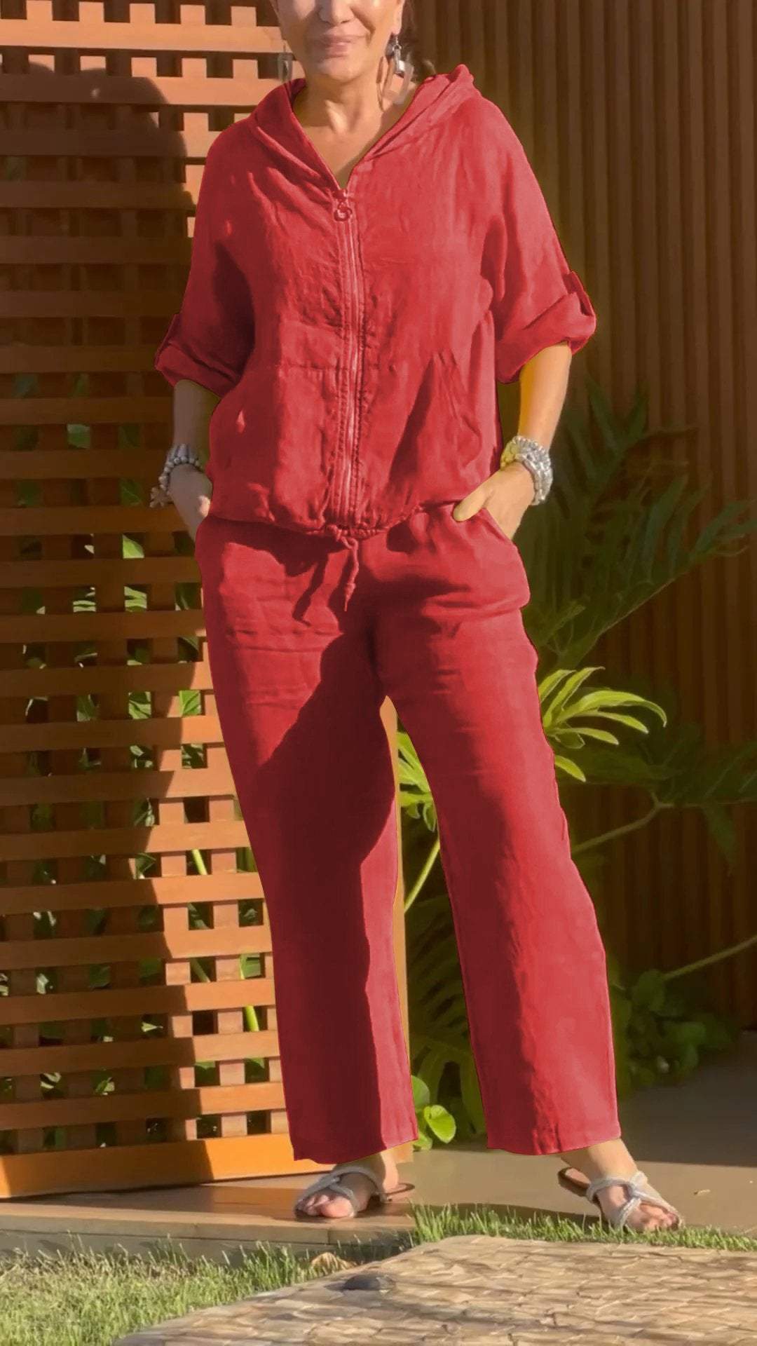 Conjunto de Dos Piezas de Algodón y Lino con Cremallera y Capucha Casual