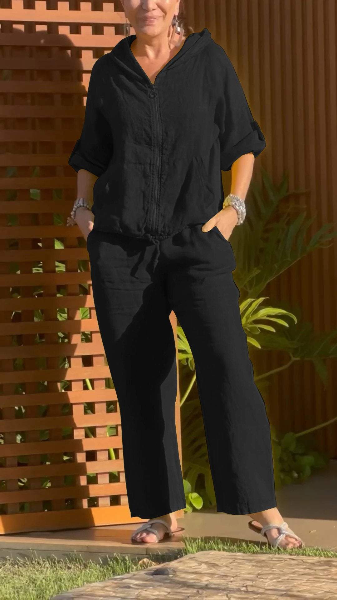 Conjunto de Dos Piezas de Algodón y Lino con Cremallera y Capucha Casual