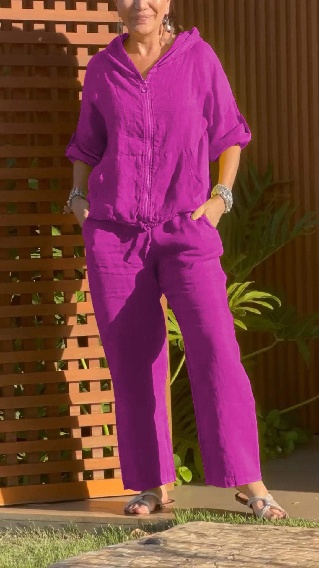 Conjunto de Dos Piezas de Algodón y Lino con Cremallera y Capucha Casual