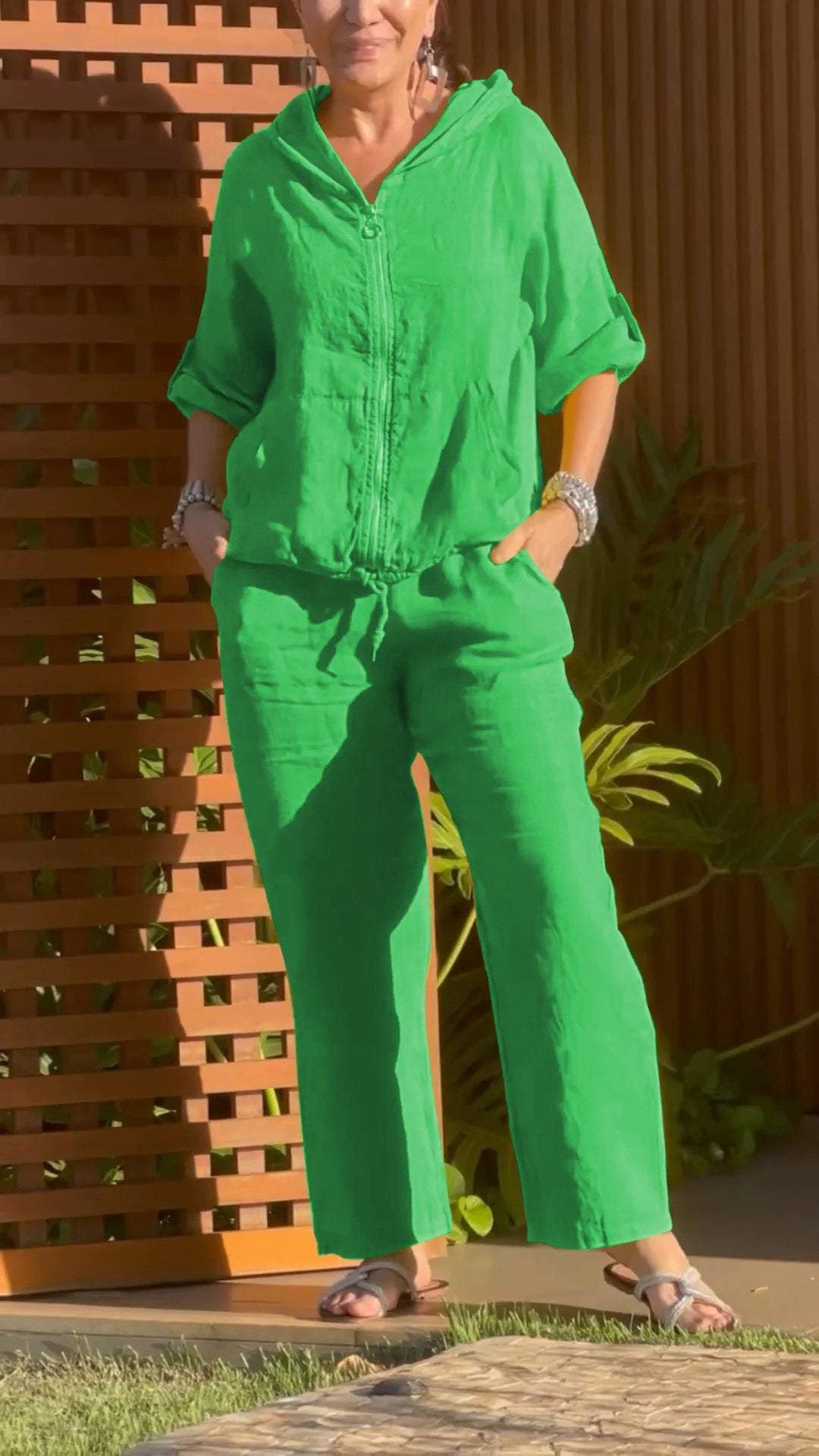 Conjunto de Dos Piezas de Algodón y Lino con Cremallera y Capucha Casual