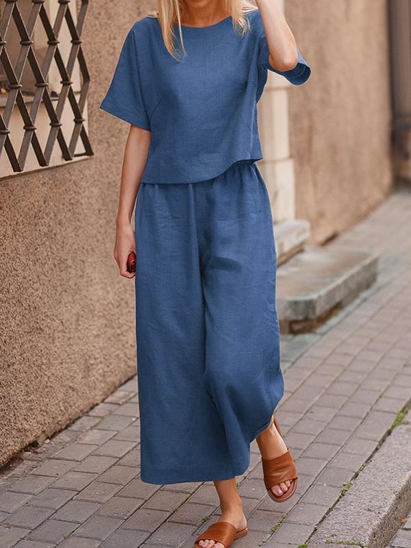 Conjunto de Dos Piezas con Camisa Suelta de Color Sólido y Pantalones