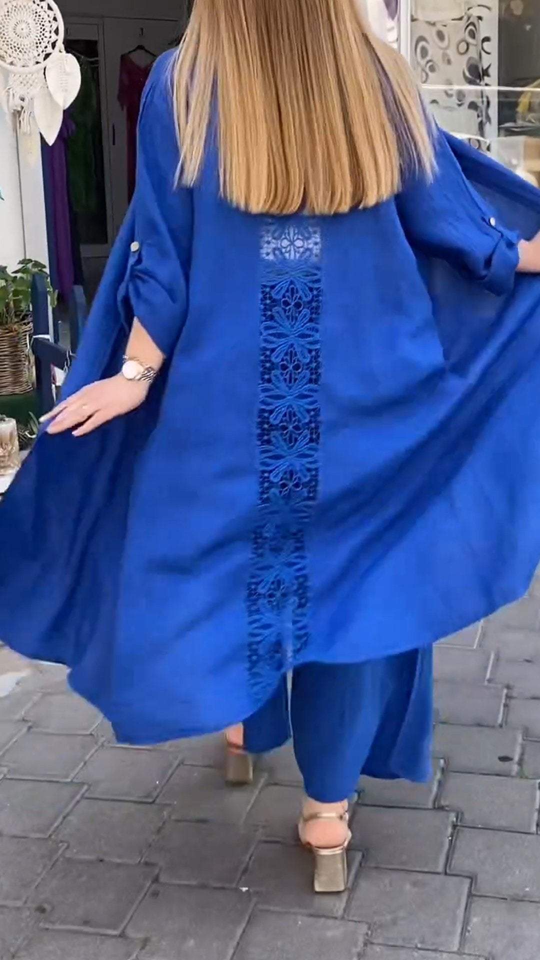 Conjunto de Dos Piezas con Cárdigan Largo con Costura Perforada