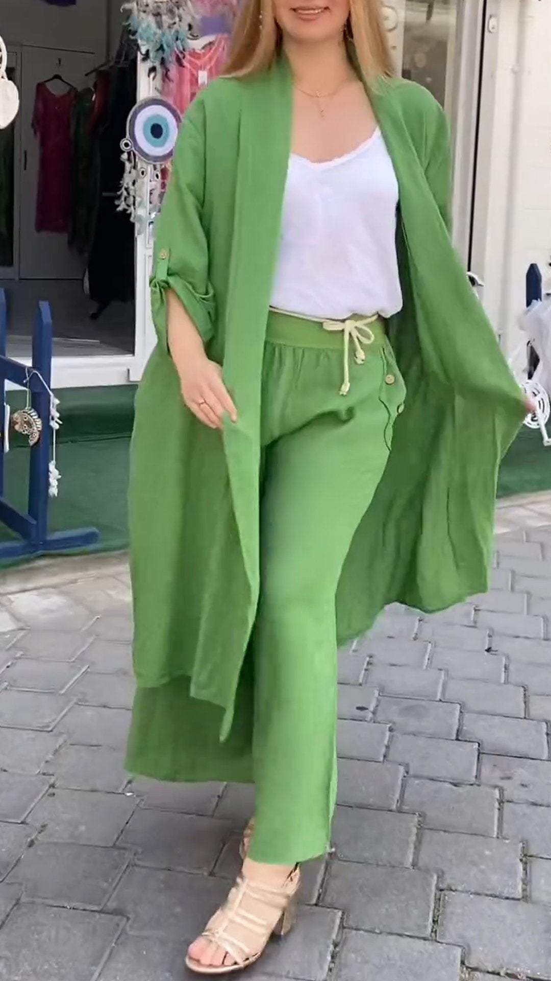 Conjunto de Dos Piezas con Cárdigan Largo con Costura Perforada