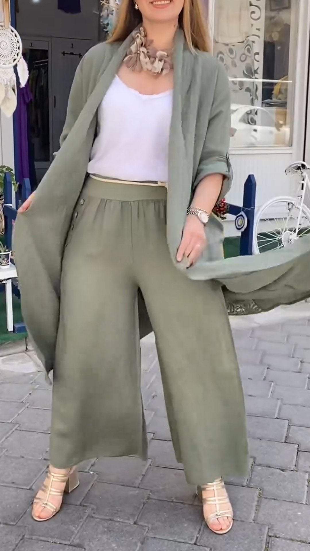Conjunto de Dos Piezas con Cárdigan Largo con Costura Perforada