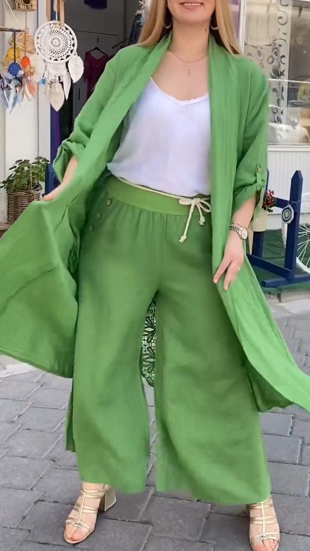 Conjunto de Dos Piezas con Cárdigan Largo con Costura Perforada