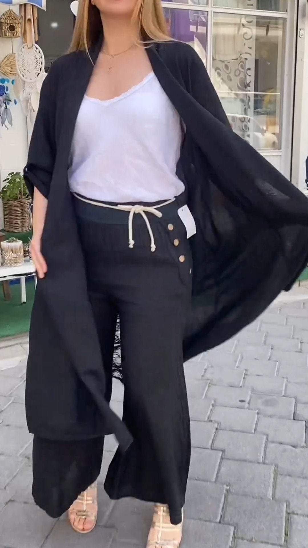 Conjunto de Dos Piezas con Cárdigan Largo con Costura Perforada