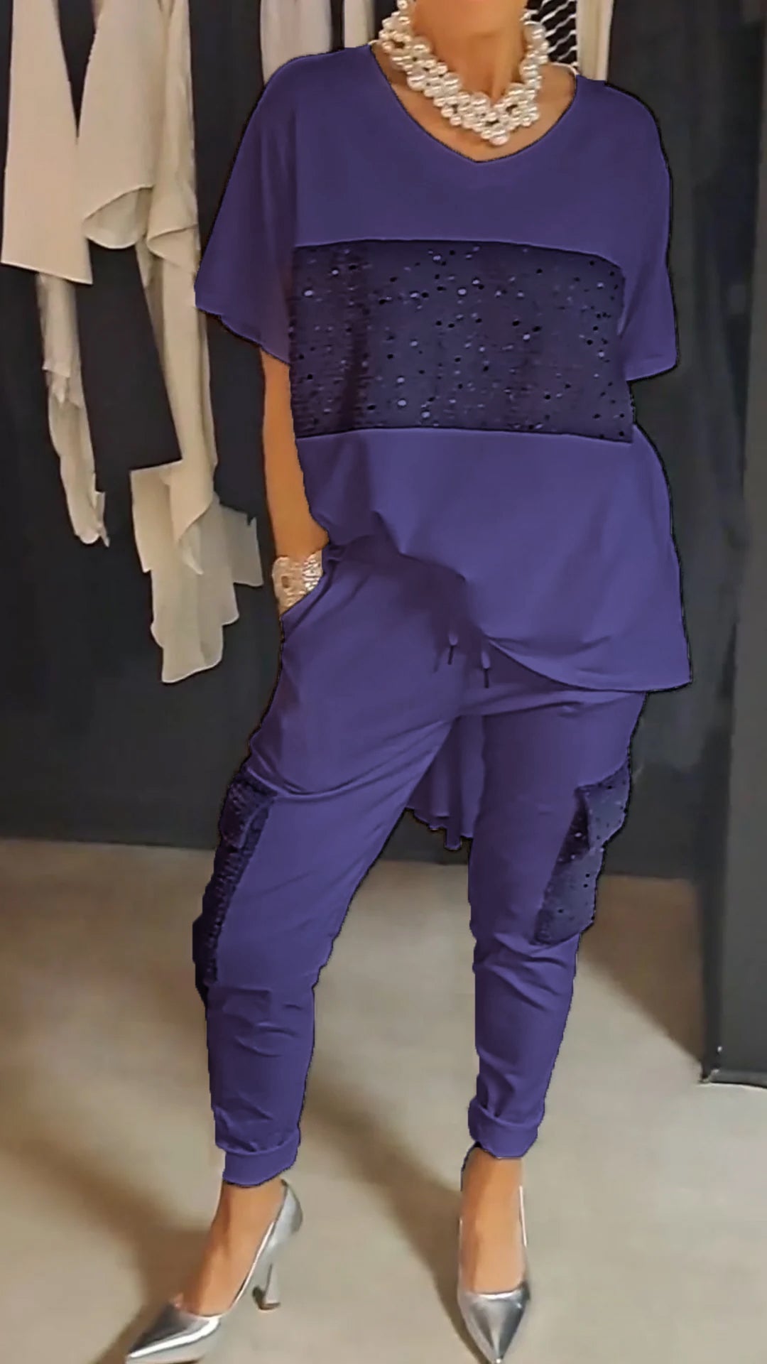 Conjunto de Dos Piezas con Lentejuelas y Cuello Redondo Casual
