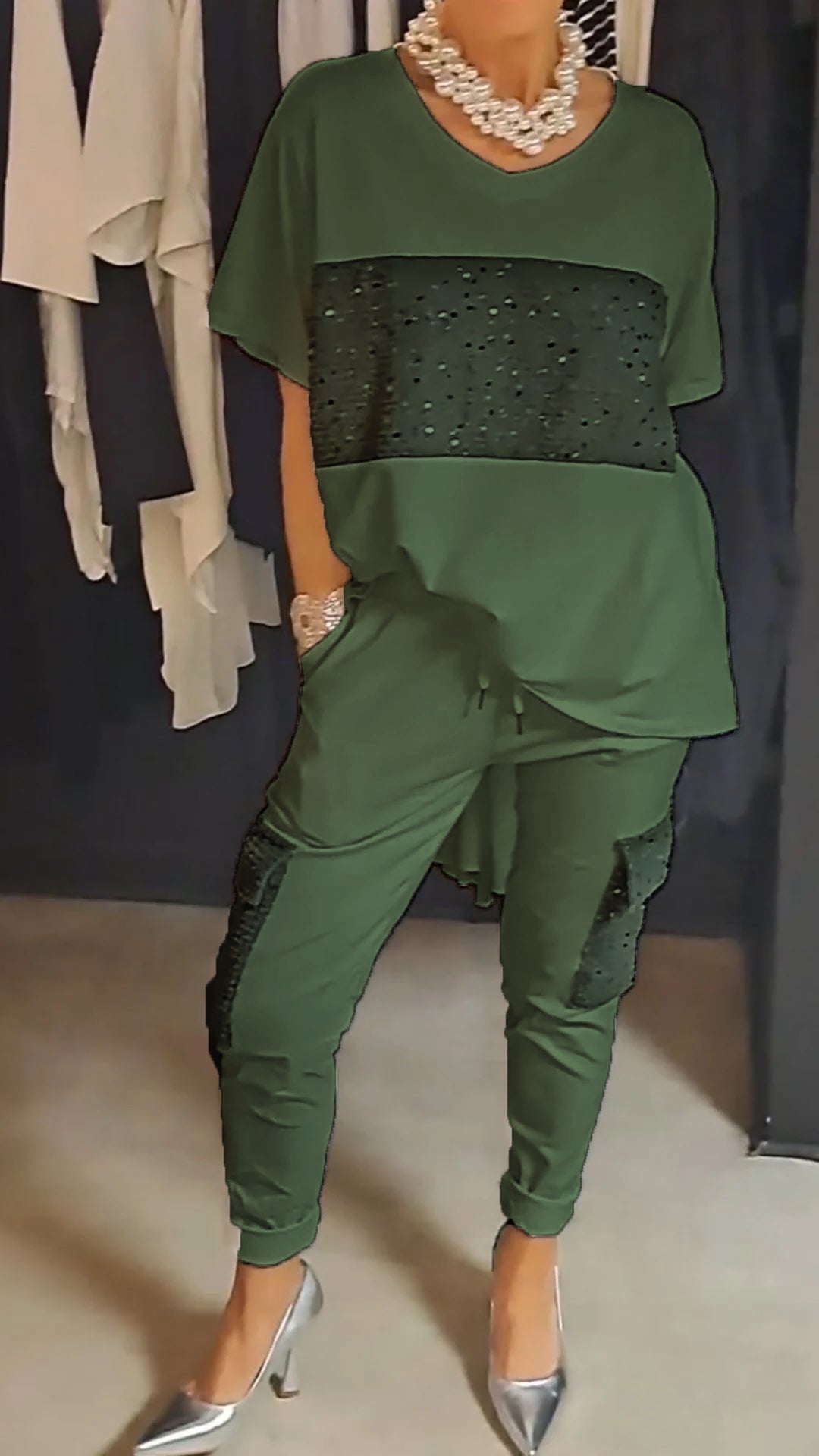 Conjunto de Dos Piezas con Lentejuelas y Cuello Redondo Casual