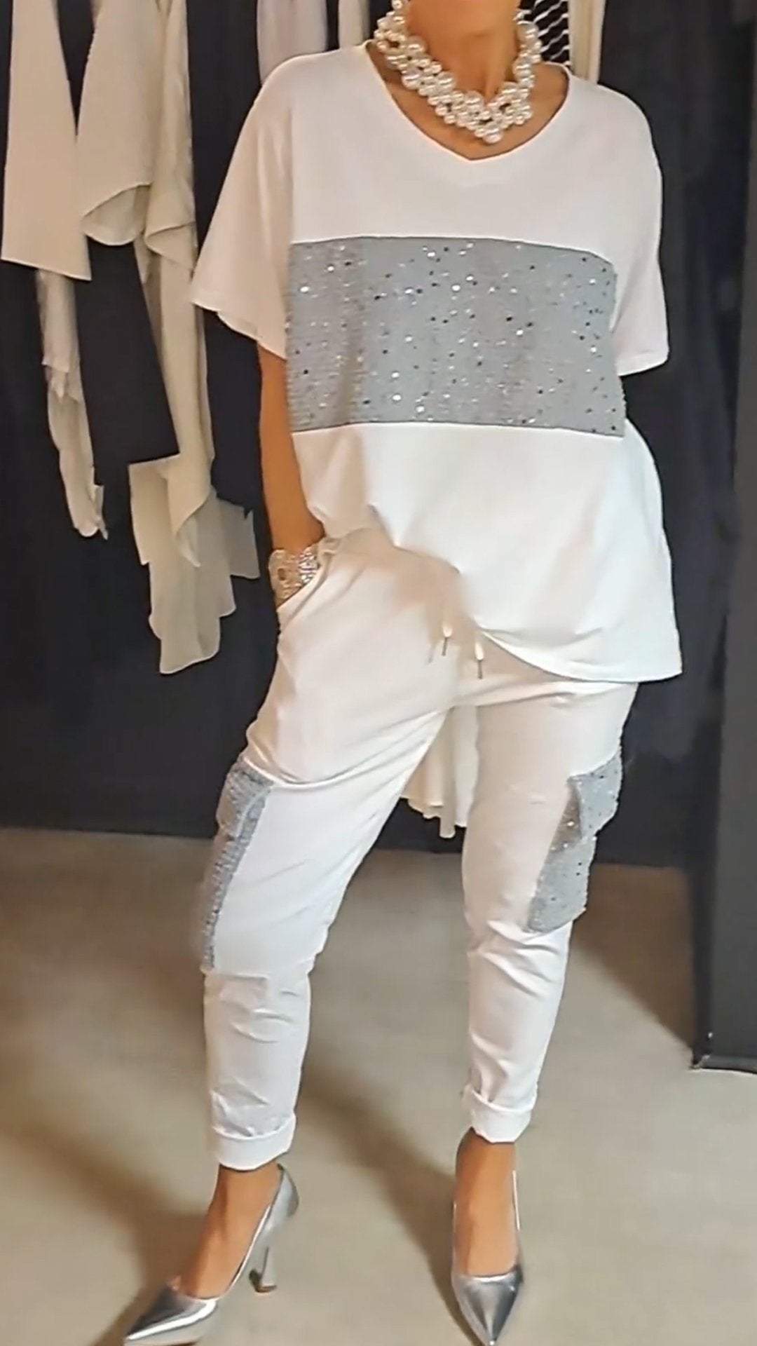 Conjunto de Dos Piezas con Lentejuelas y Cuello Redondo Casual