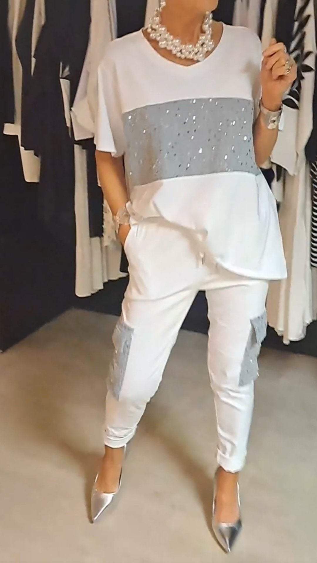 Conjunto de Dos Piezas con Lentejuelas y Cuello Redondo Casual