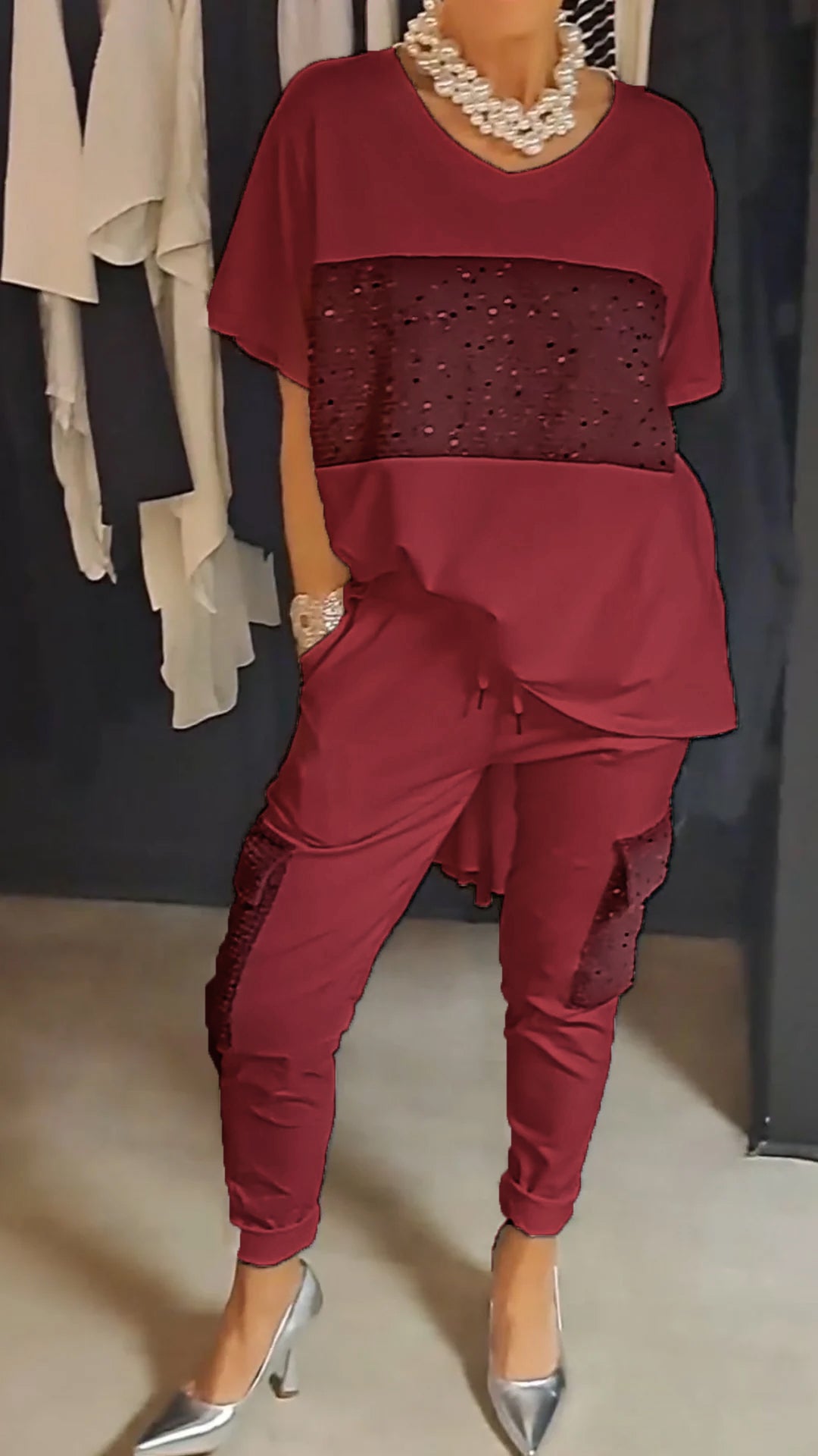 Conjunto de Dos Piezas con Lentejuelas y Cuello Redondo Casual