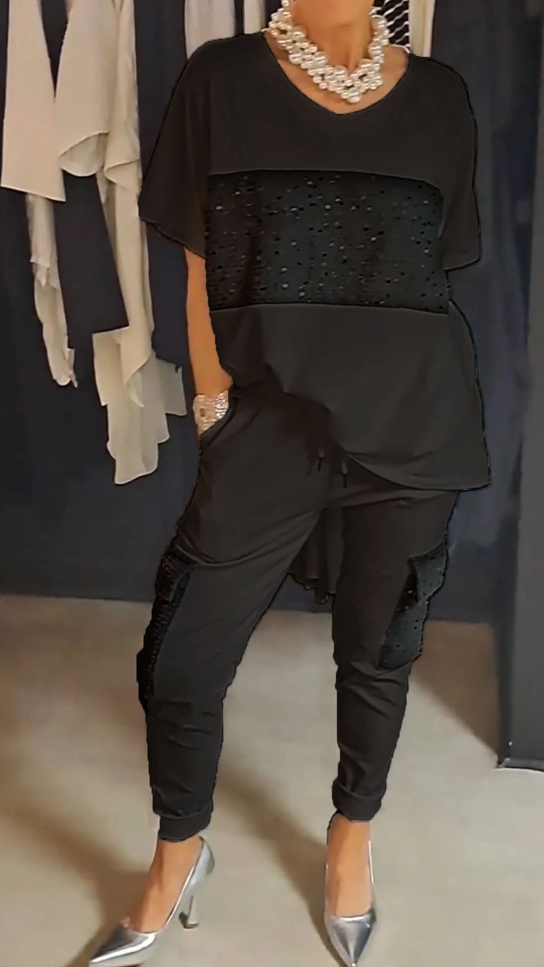 Conjunto de Dos Piezas con Lentejuelas y Cuello Redondo Casual