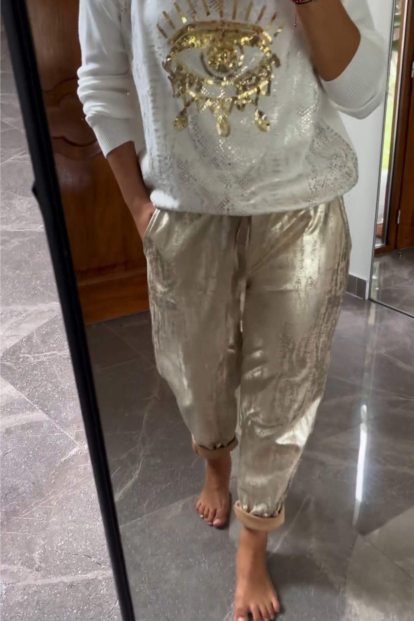 Conjunto de Dos Piezas de Top con Lentejuelas y Pantalones Metalizados